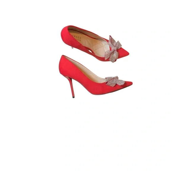 Journee Collection Marcie Red Pumps Women Size 7.5 Rhinestone Bow Stiletto Heels - Picture 5 of 6